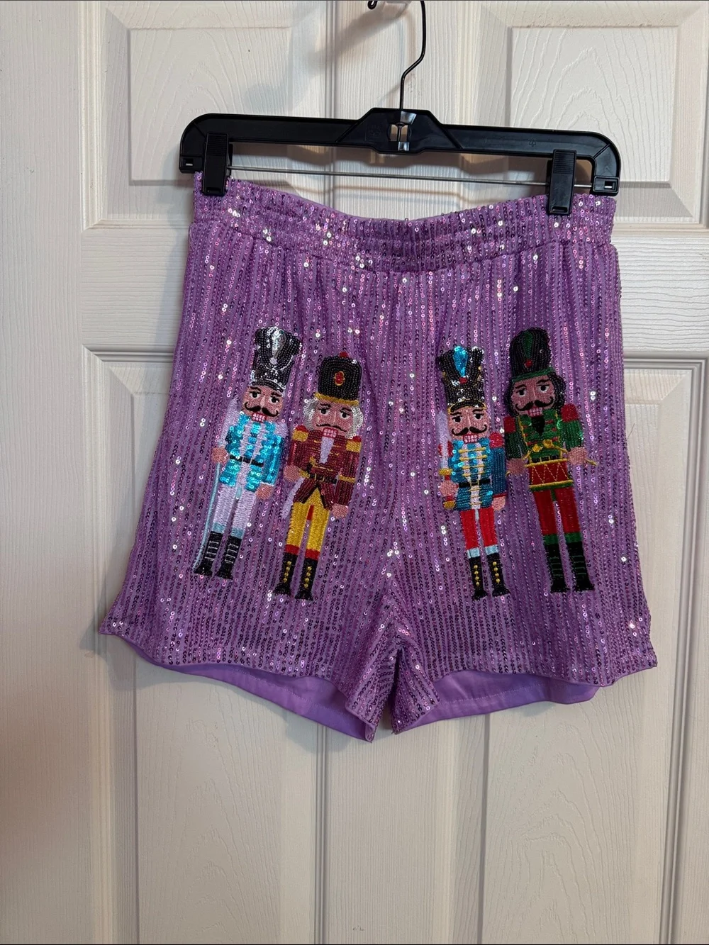 Women’s Front facing Purple Sequin Nutcracker Party Shorts